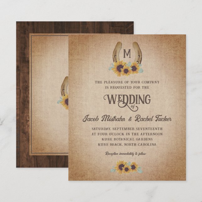 Rustic Western Sunflower Monograma de Casamento Co (Frente/Verso)