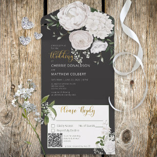 Rustic White Peonies Floral no Código QR Preto