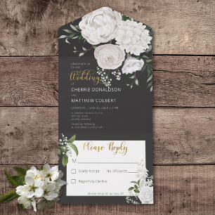 Rustic White Peonies Floral on Black No Janta