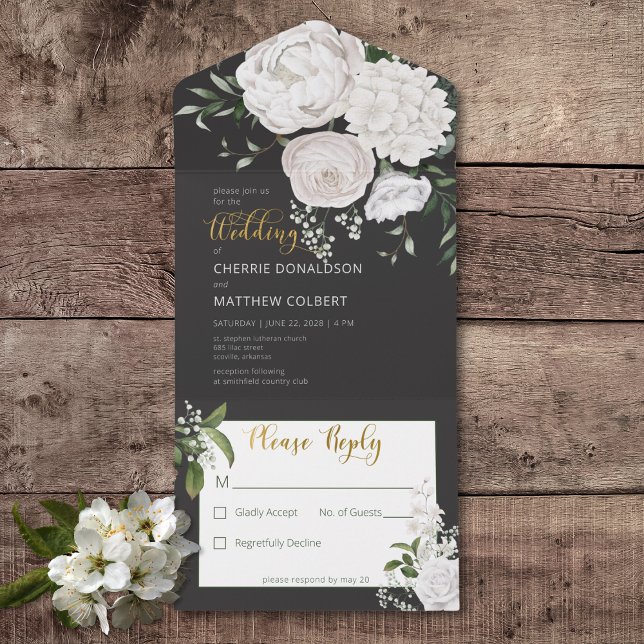 Rustic White Peonies Floral on Black No Janta (Rustic White Peonies Floral on Black All In One Wedding Invitation without Dinner Options)