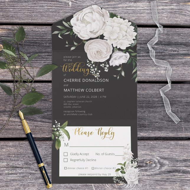 Rustic White Peonies Floral sobre Janto Negro (Criador carregado)