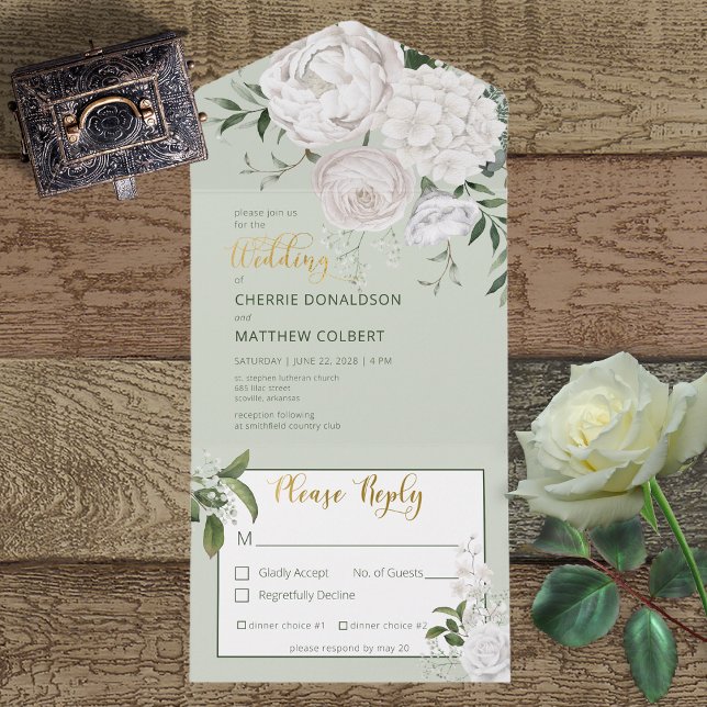 Rustic White Peonies Floral sobre o Janto Sage Gre (Criador carregado)