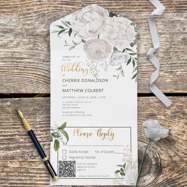Rustic White Peonies Floral White Código QR (Criador carregado)