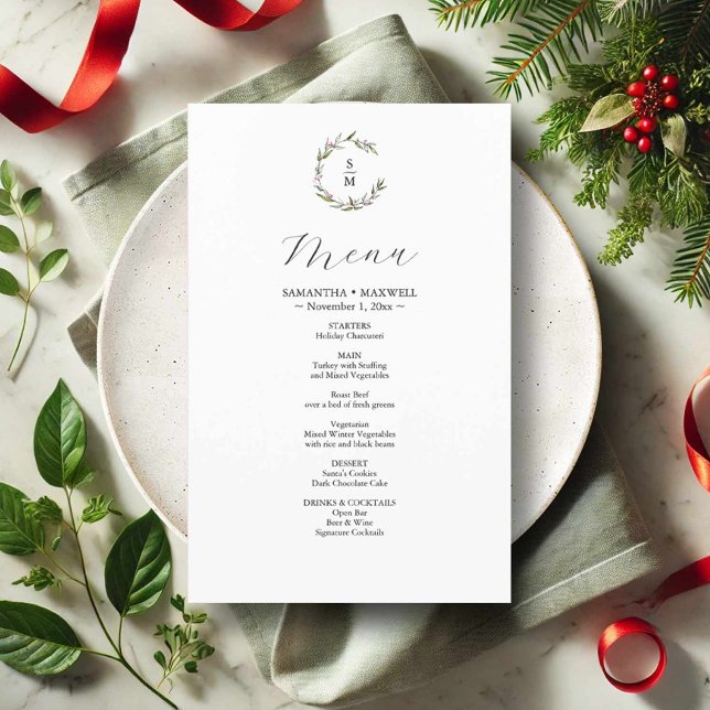 Rustic Winter Botanicals Weding Decor Menus (hand drawn winter wedding menu card features botanical art by Victoria Grigaliunas Do Tell A Belle)
