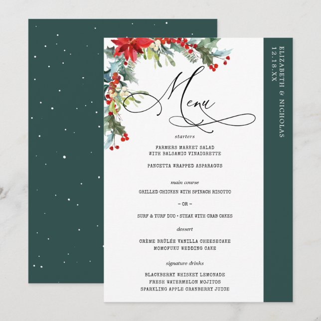 Rustic Winter Floral | Menu Casamento Moderno (Frente/Verso)