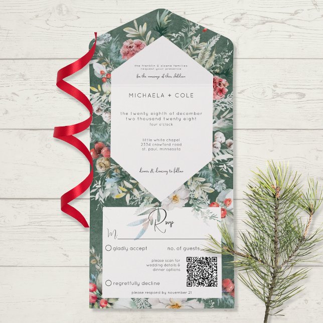 Rustic Winter Floral Pine Emerald Código QR (Criador carregado)