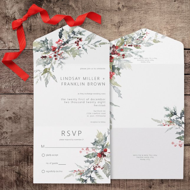 Rustic Winter Holly Berries & Snow No Janta (Rustic Winter Holly Berries & Snow All In One Wedding Invitation without Dinner Options)