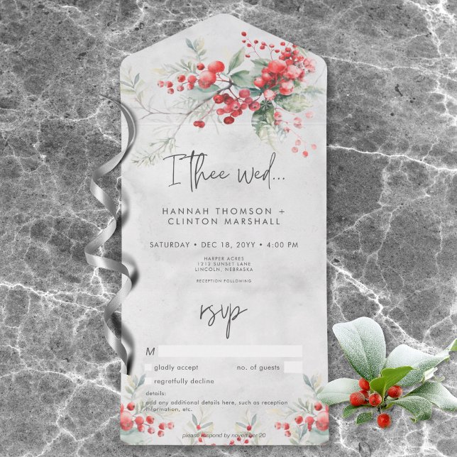 Rustic Winter Holly & Pine Weding No Janto (Rustic Winter Berries & Pine Wedding No Dinner All In One Invitation)