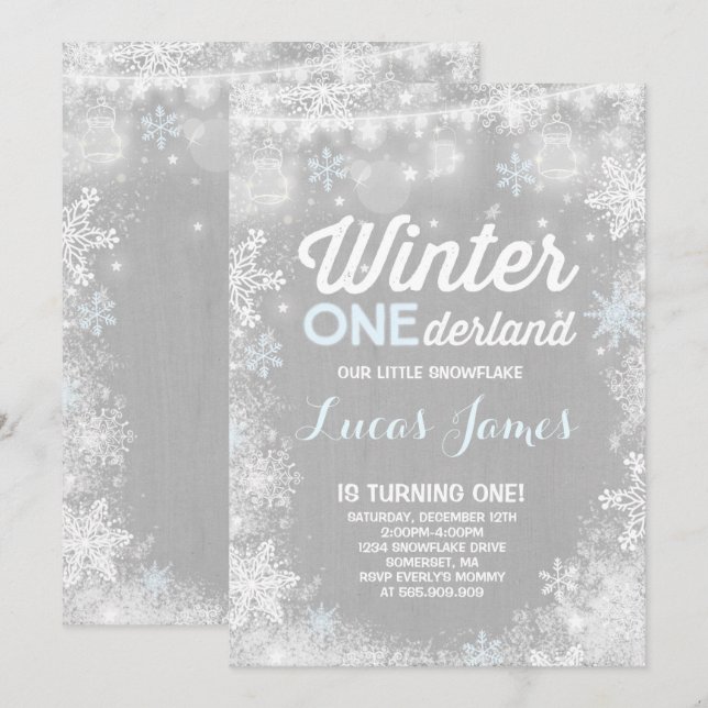 Rustic Winter ONE Derland Birthday - Convite Azul (Frente/Verso)
