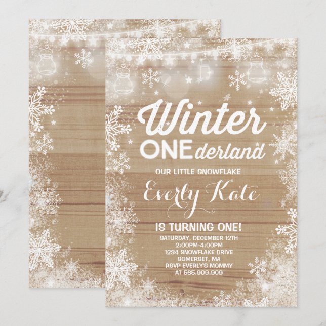 Rustic Winter ONE Derland Birthday Convite White (Frente/Verso)