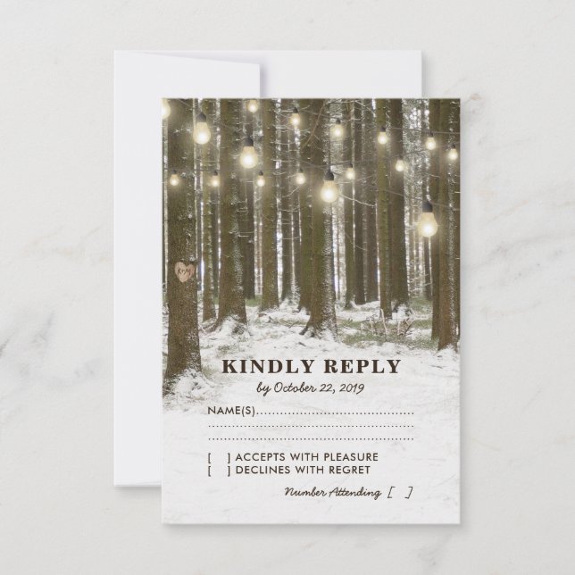 Rustic Winter Woodland Tree Lights Casamento RSVP (Frente)