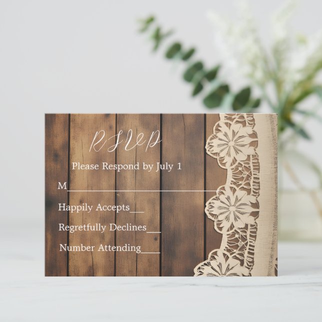 Rustic Wood and Lace RSVP Card (Em pé/Frente)