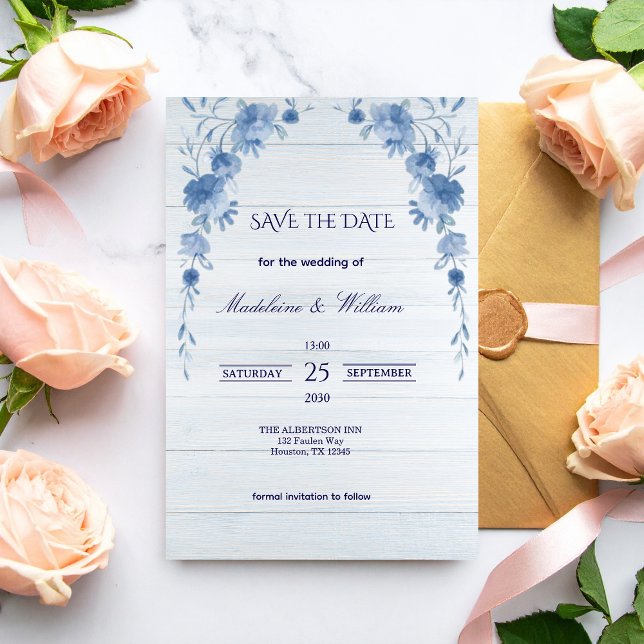 Rustic Wood  Blue Floral Elegant Save the Date (Criador carregado)