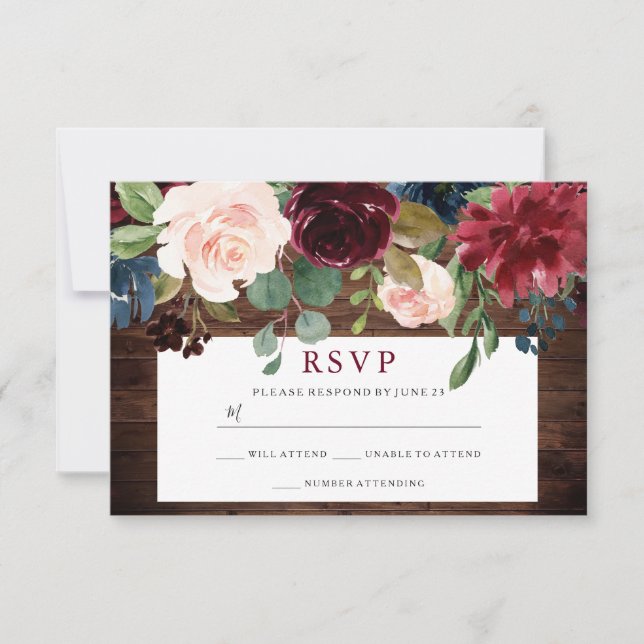 Rustic Wood Burgundy Country Weding RSVP (Frente)