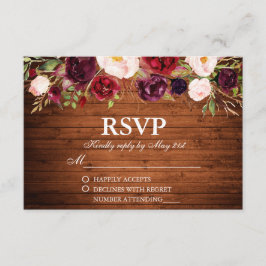Rustic Wood Burgundy Floral Weding RSVP