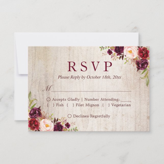 Rustic Wood Burgundy Red Floral Casamento RSVP (Frente)