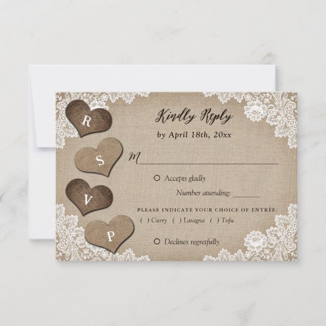 Rustic Wood Burlap Lace Casamento RSVP Escolha de  (Frente)