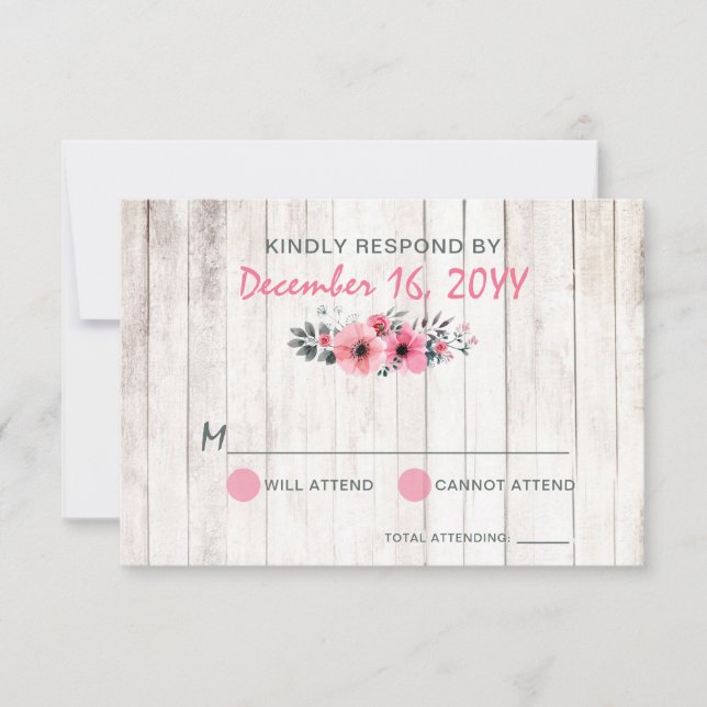 Rustic Wood Floral Rosa Country Weding RSVP (Frente)