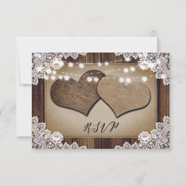 Rustic Wood Hearts Lace Wedding RSVP — Escolha de  (Frente)