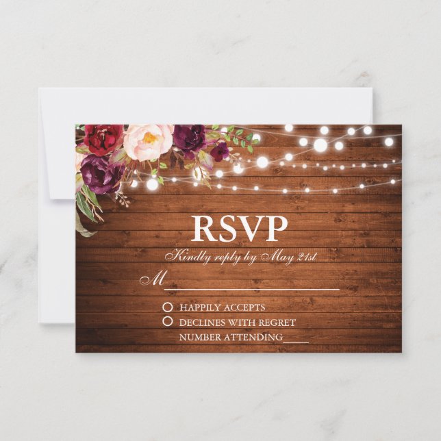 Rustic Wood Lights Burgundy Floral Casamento RSVP (Frente)