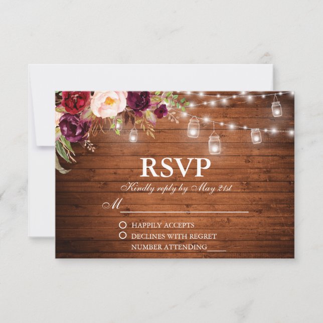 Rustic Wood Lights Jars Floral Weding RSVP (Frente)