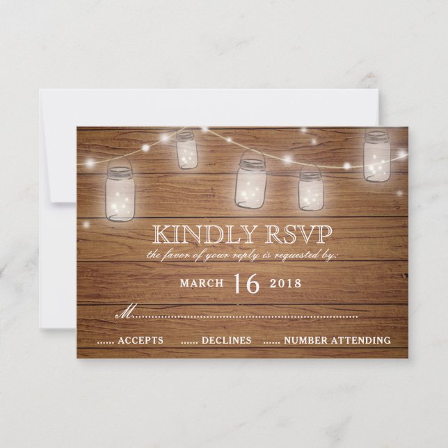 Rustic Wood Mason Jar String Luzes Casamento RSVP (Frente)