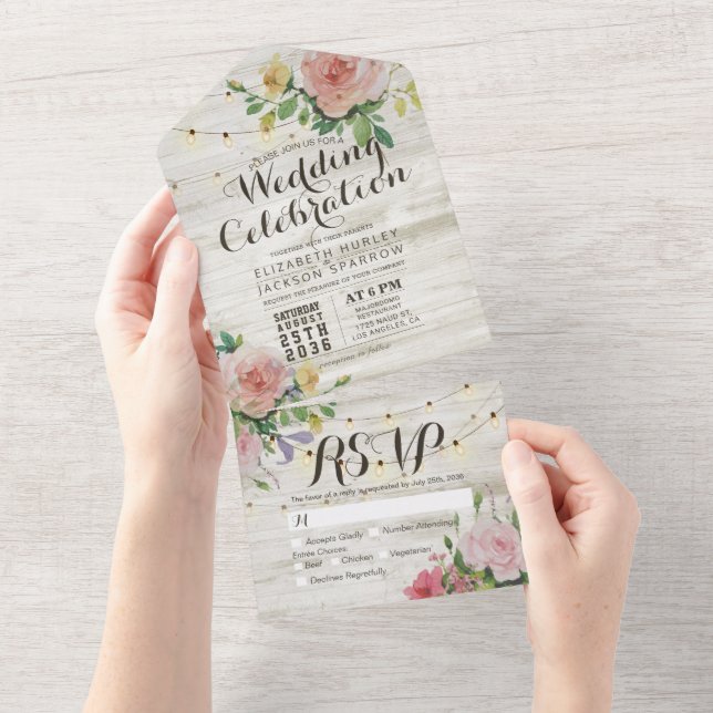 Rustic Wood String Luz Rosa Floral Casamento RSVP (Aba destacável)
