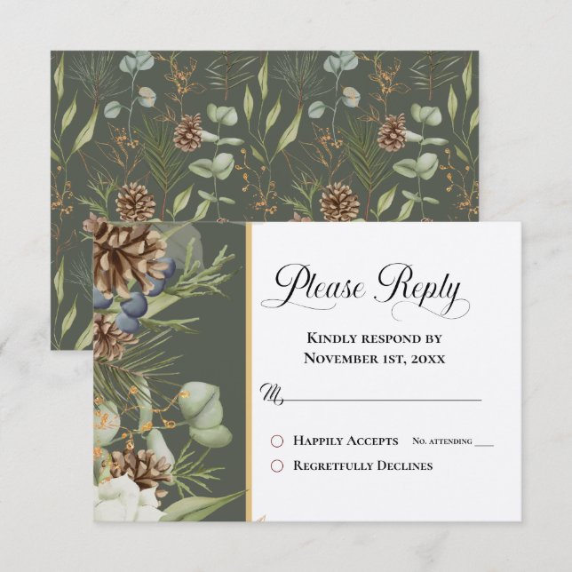 Rustic Woodland Pinecones em Verde Por Favor Respo (Frente/Verso)