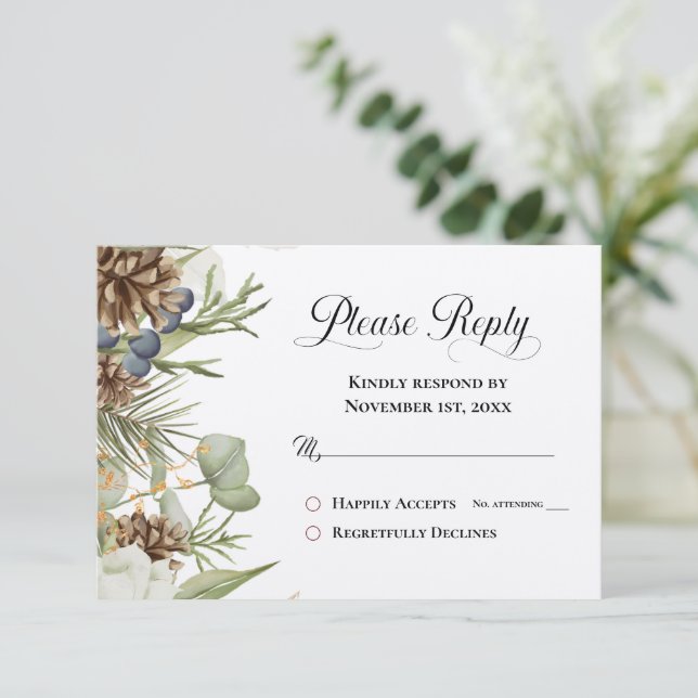 Rustic Woodland Pinecones Por Favor Responda RSVP (Em pé/Frente)
