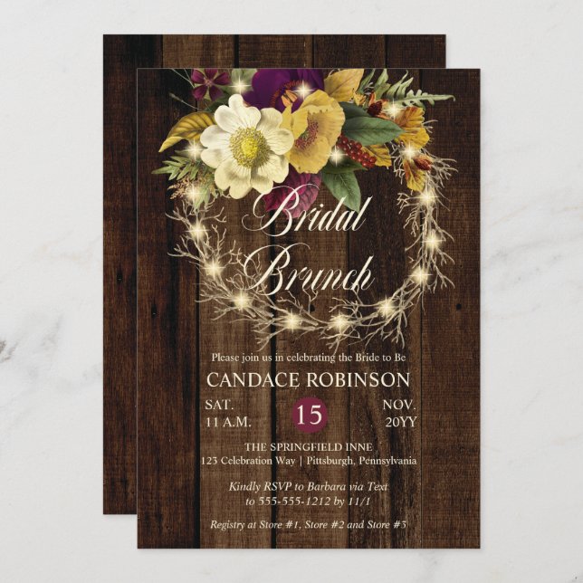 Rustic Woodsy Lighted Wreath Bridal Brunch Convite (Frente/Verso)