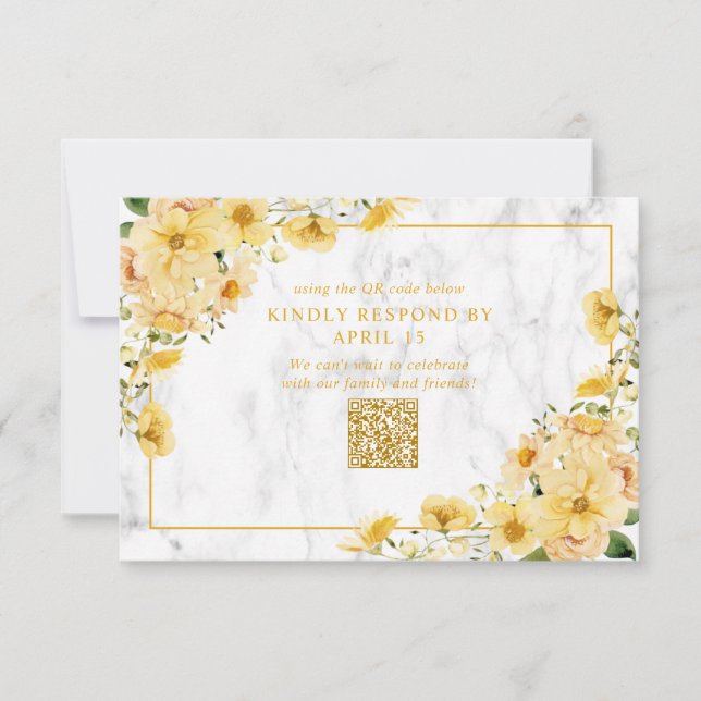 Rustic Yellow Floral Marble QR Code Wedding RSVP (Frente)