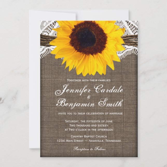 Rústica Burlap Lace Sunflower Wedtions Convites (Frente)