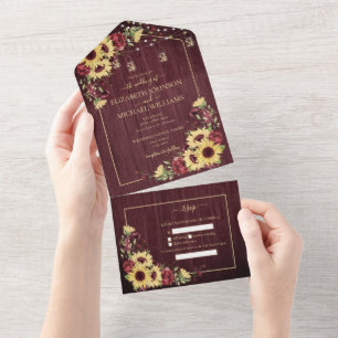 Rústica Sunflower Burgundy Wood Floral Casamento T
