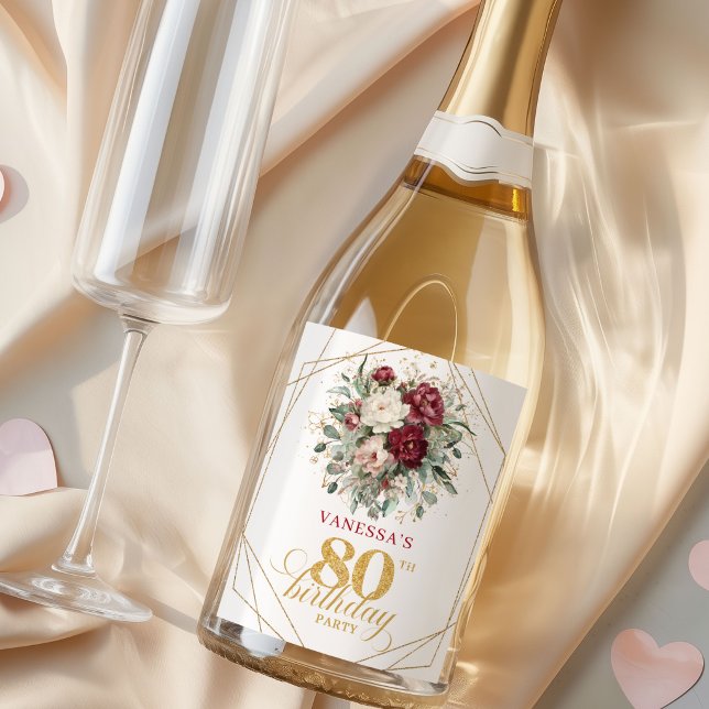 Rústico Bege Borgonha Rótulo de Champanhe de 80 An (Rustic Blush Burgundy 80th Birthday Champagne Labels)