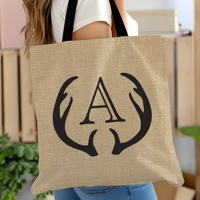 Rústico Burlap Deer Antler Monograma Tote Bag (Criador carregado)