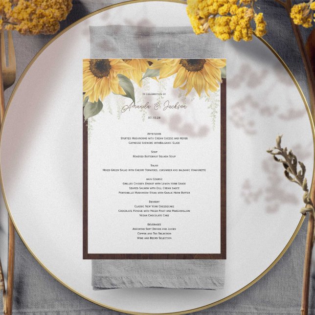 Rústico Elegante Girassol, Menu de Casamento do Pa (Sunflower themed, rustic wedding menu cards. Features beautiful watercolor sunflowers.)