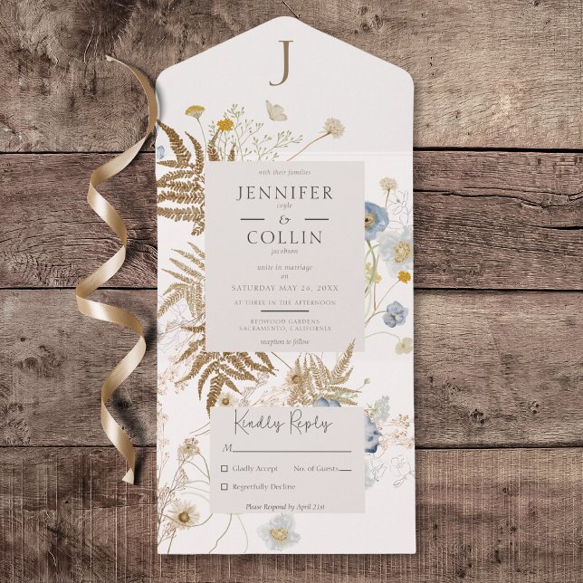 Rústico Flores Selvagens Monograma Creme Sem Janto (Rustic Wildflowers Monogram Cream All in One Wedding Invitation without Dinner Options)