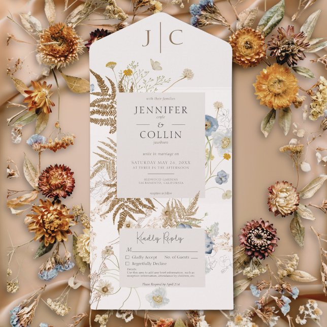 Rústico Flores Selvagens Monograma Creme Sem Janto (Rustic Wildflowers Monogram Cream No Dinner All In One Invitation)