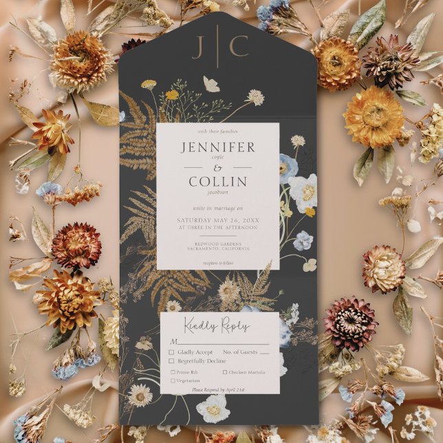 Rústico Flores Selvagens Monograma Janto Preto (Rustic Wildflowers Monogram Black Dinner All In One Invitation)
