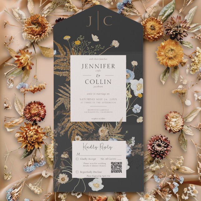 Rústico Flores Selvagens Monograma Preto Código QR (Rustic Wildflowers Monogram Black QR Code All In One Invitation)