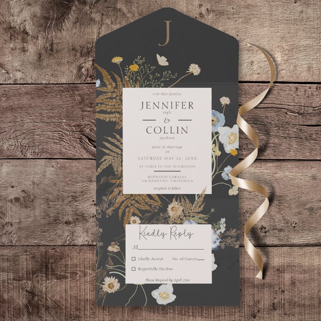 Rústico Flores Selvagens Monograma Preto Sem Janto (Rustic Wildflowers Monogram Black All in One Wedding Invitation without Dinner Options)