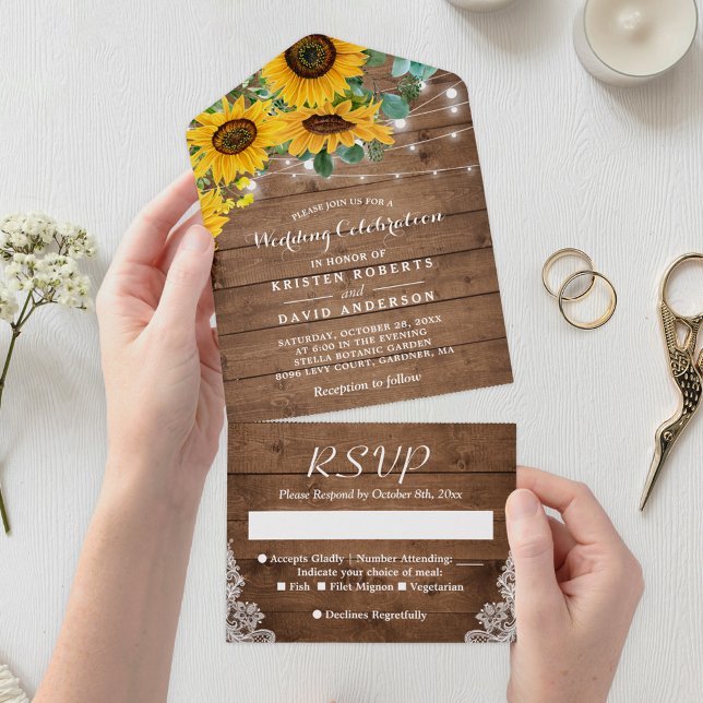 Rústico Girassol Corda Luzes Luzes Lace Casamento (Capture the essence of rustic romance with this All In One Invitation.)