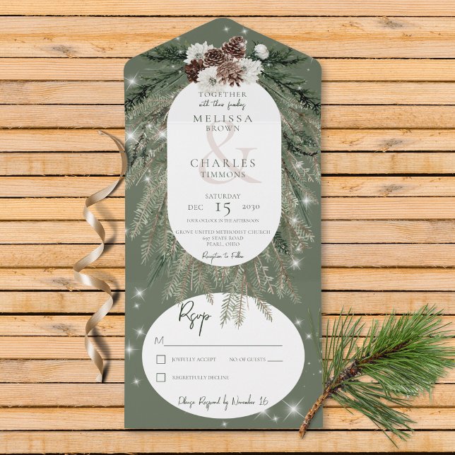 Rústico Pinheiro Verde Inverno Sparkle Sem Janto (Also available with a QR code or with dinner selection options.)