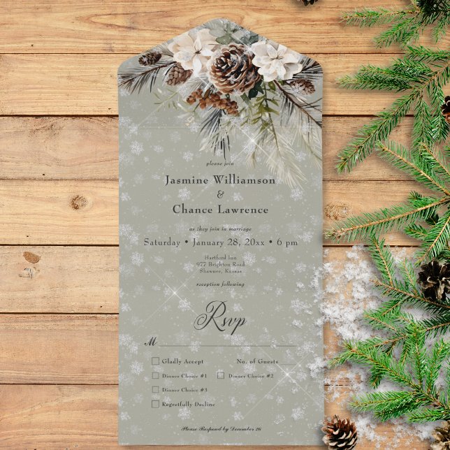 Rústico Snowfall Pine & White Floral Sage Janto (Rustic Snowfall Pine & White Floral Sage Dinner All In One Invitation)
