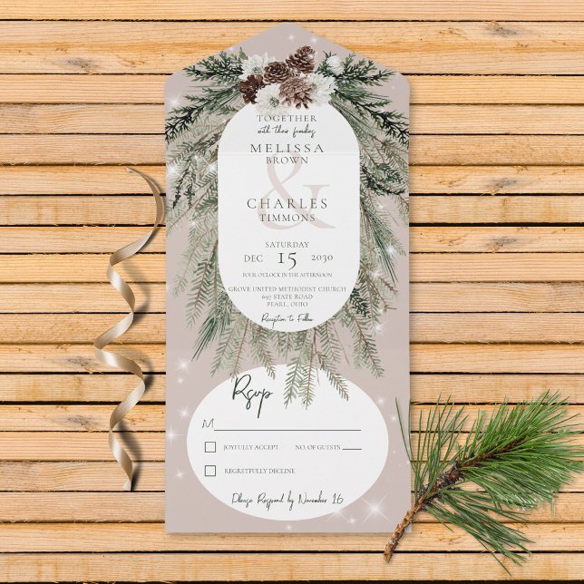 Rústico Tan Pine Winter Sparkle Sem Janto (Also available with a QR code or with dinner selection options.)