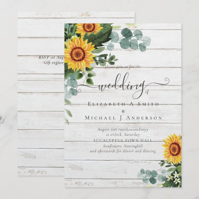Rústicos Girassóis Eucalyptus Deixa Casamento (Frente/Verso)