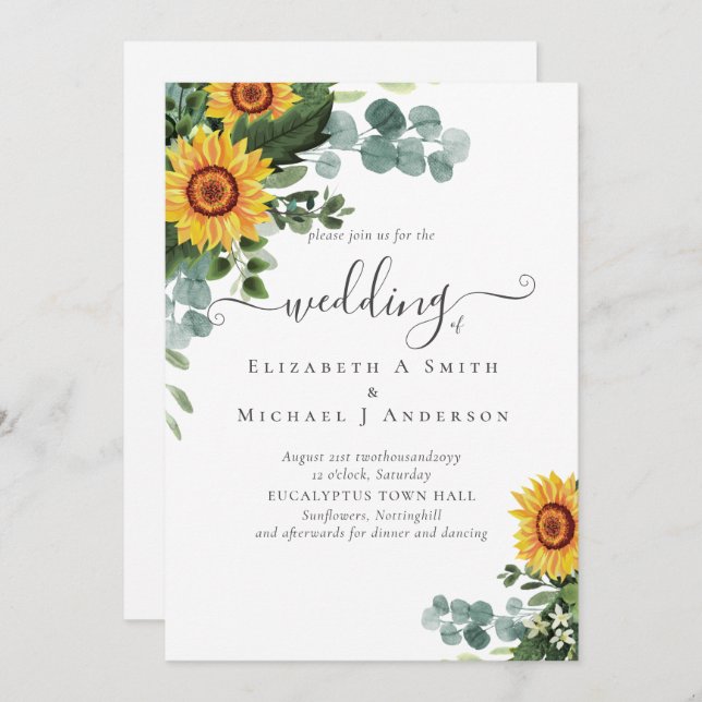 Rústicos Girassóis Eucalyptus Deixa Casamento (Frente/Verso)