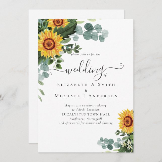 Rústicos Girassóis Eucalyptus Deixa Casamento (Frente/Verso)