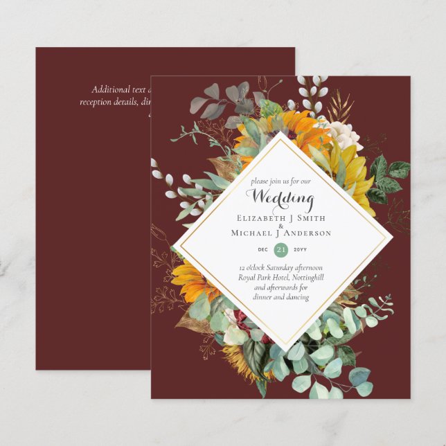 Rústicos Girassóis Eucalyptus Greenery Casamento I (Frente/Verso)