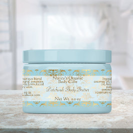 Sabões azuis e dourados e etiquetas de cosméticos